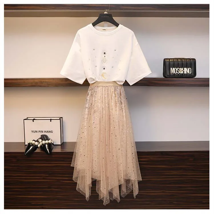 

2019 Summer New Fashion Women's Set Casual Short Sleeve Print Blouse Top + Ladies Elegant Thin Mesh Skirt Suits Two Piece Sets