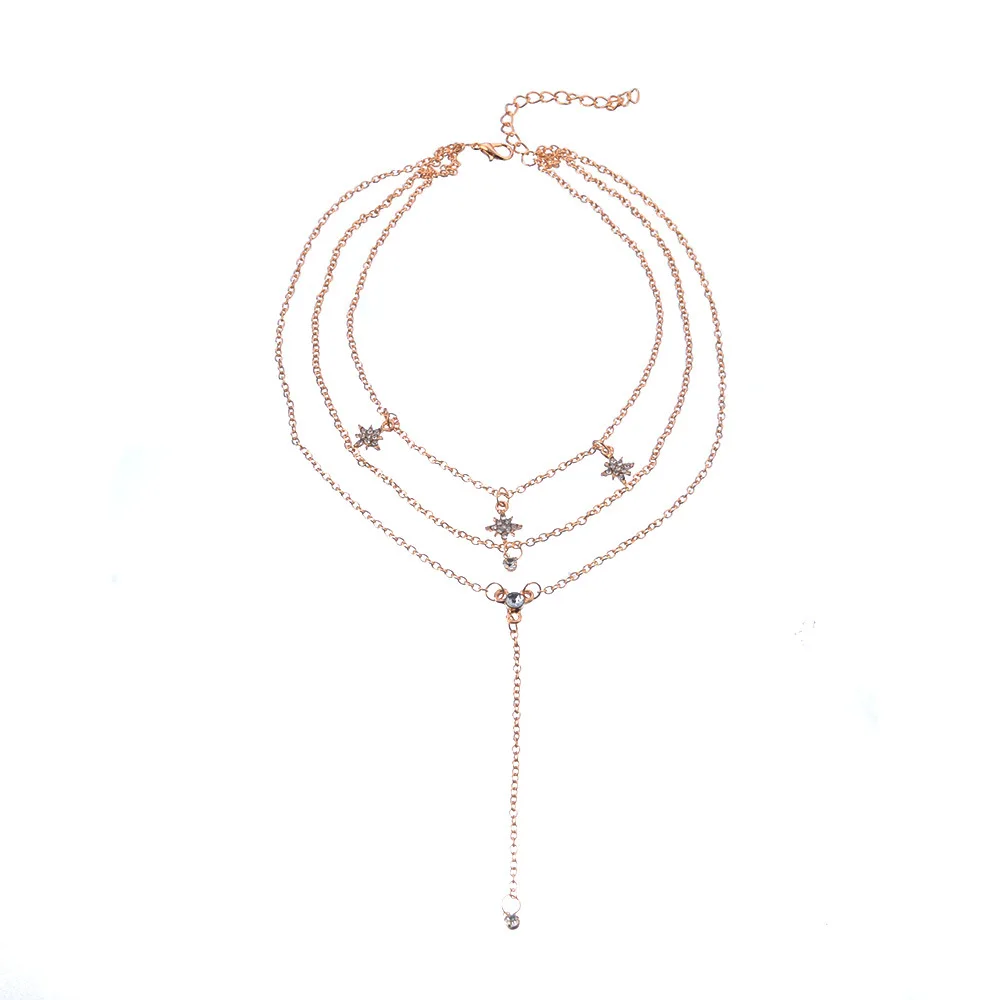 

Boho Three Layer Crystal Star Pendant Necklace Gold Color Long Tassel Choker Chain Shellhard Statement Jewelry Birthday Gift