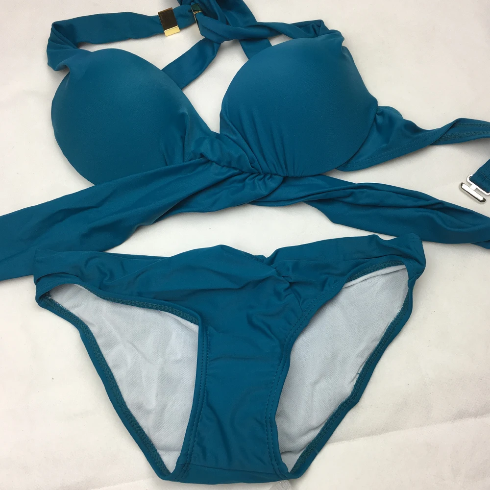 Women's Sexy Blue Solid Vintage Halter Cross bathing suit Beachwear ...