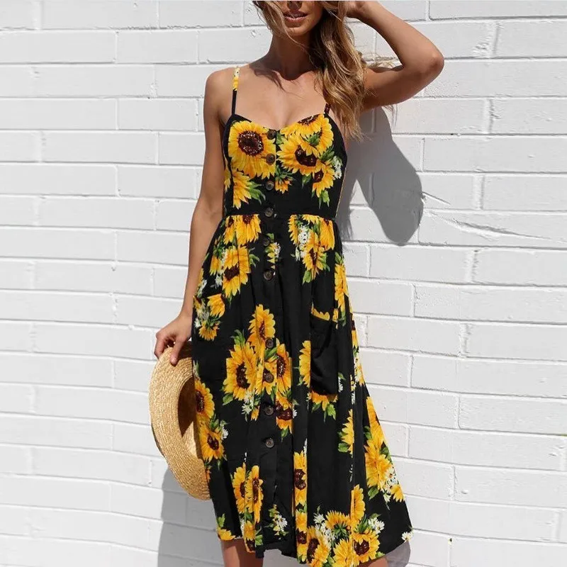 

Summer Women Dress Vintage Sexy Bohemian Floral Tunic Beach Dress Sundress Pocket Spaghetti Strap Dress Print Female Brand Dress