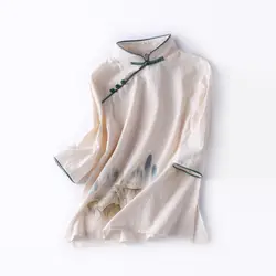 Новое поступление литературный женский китайский стиль оригинальный ручной-цветная рубашка простой элегантный длинный рукав Свободная