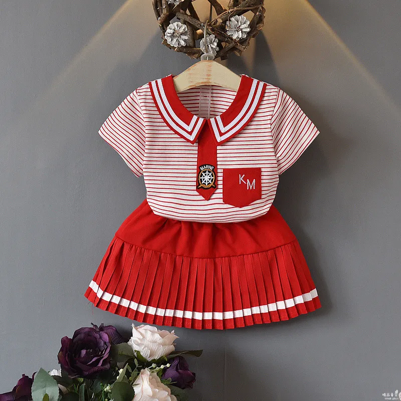 

Girls Skirt Set Summer Cotton 2019 New Short Sleeve Striped Doll Collar T-Shirt + Short Skirt Kids Baby Clothes