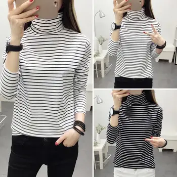 

Women Long Sleeve Stripe High Neck T-shirt Casual Slim Fit Tops Daily Wear