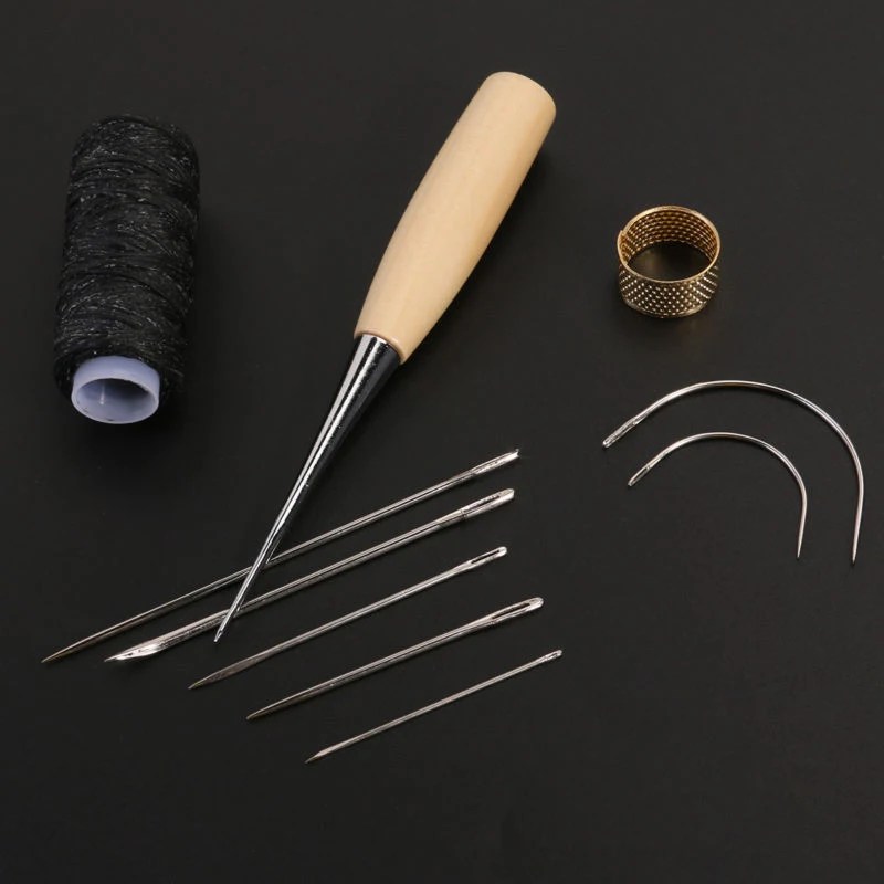 10Pcs/Set Furs Leather Sewing Needles Stitching Sewing Thimble+Awl+Waxing Thread Stainless Steel Handmade Sewing DIY Craft Tool ► Photo 1/6