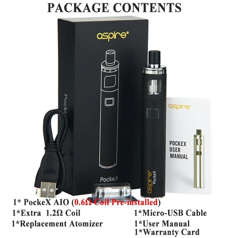 Оригинальная электронная сигарета Aspire PockeX Pocket AIO Kit с катушками 1500 Ом все в одном