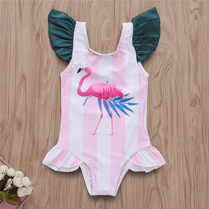 

Baby Girls Swimwear Pink Flaming Bird Striped One Piece Swimsuit For Girls Newborn Infant Girls Child Swimming Suits Bikini 2019