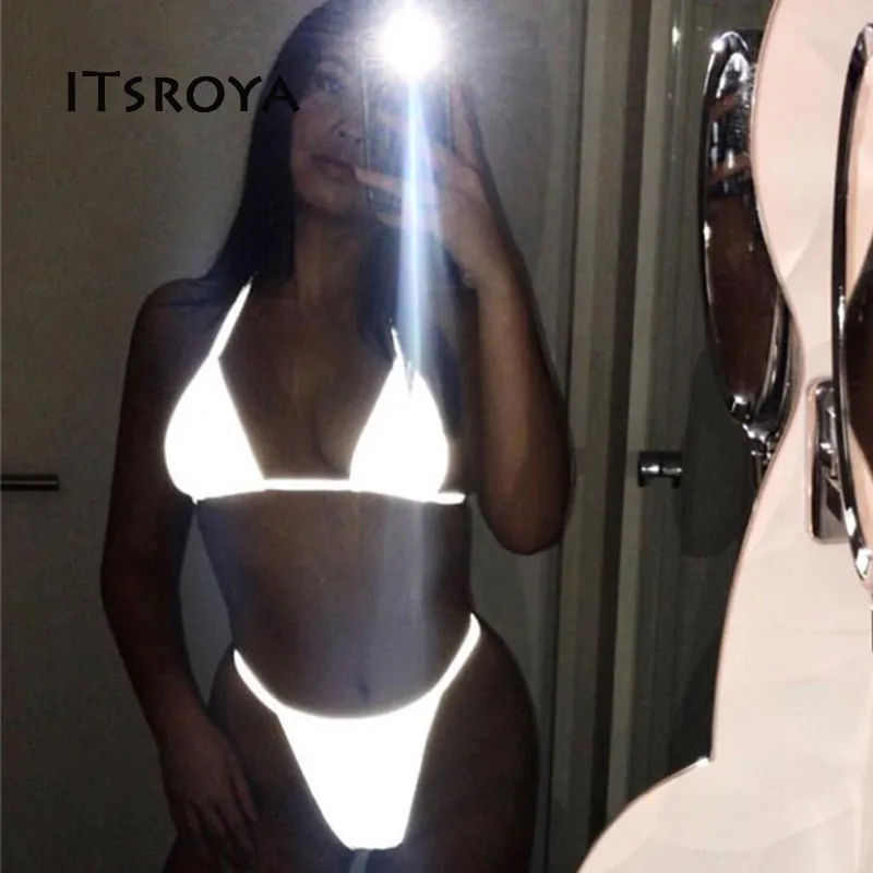 

ITSROYA Reflective Sexy Bikini Suit Halte Ladies Solid Bandage Beachwear Bathing Push-up Triangle Shining Suits Biquini Swimwear