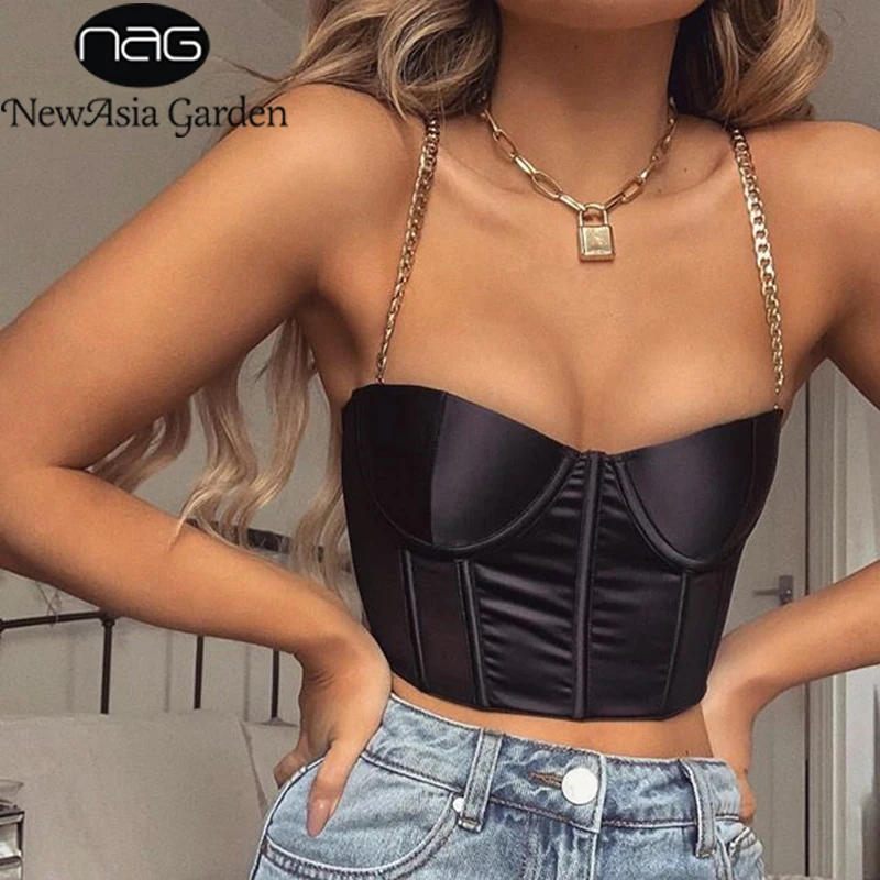 Online NewAsia Sexy Bustier Crop superior mujer ropa 2019 verano moda cadena correa acolchada satén recortado negro Festival superior Streetwear