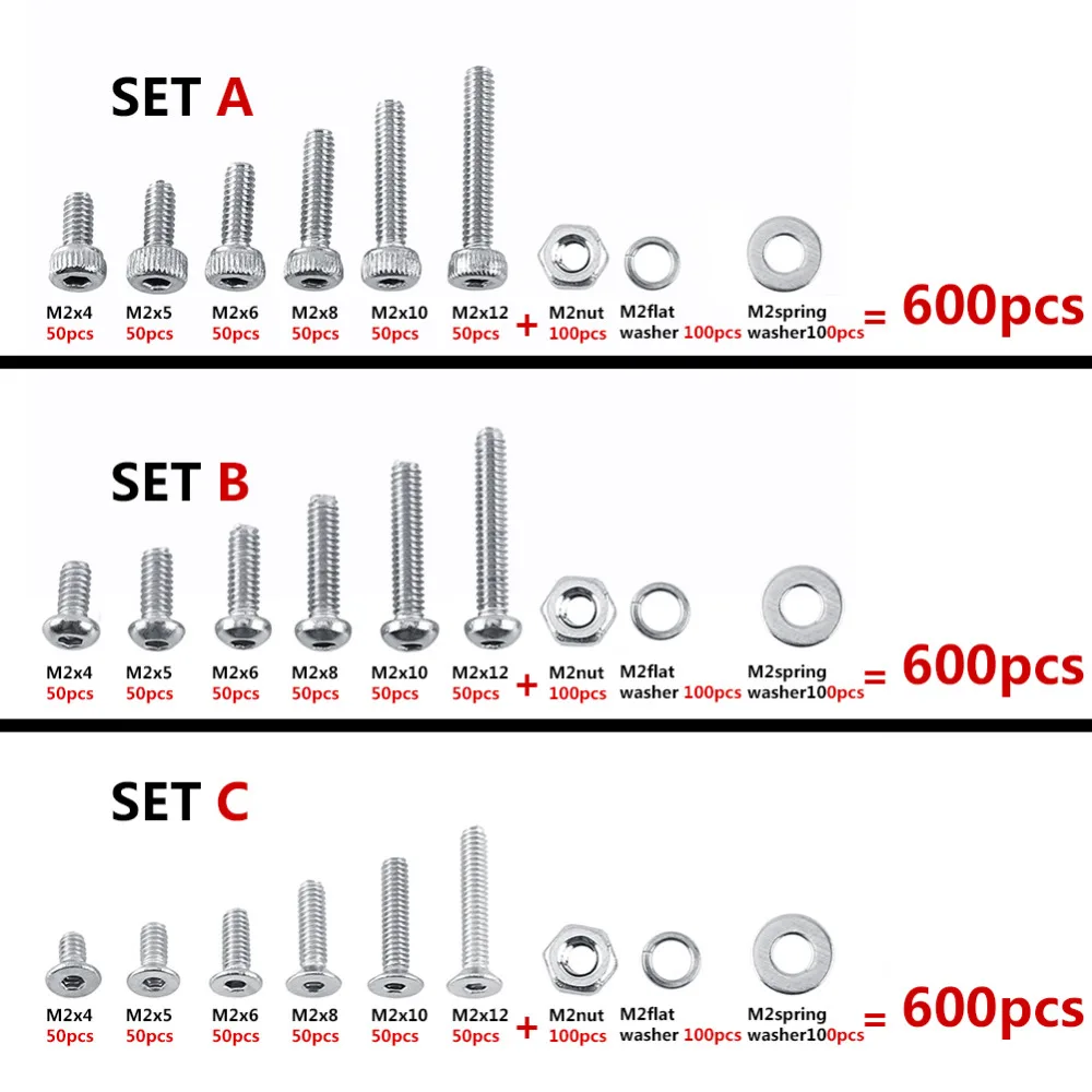 

600Pcs M2 304 Stainless Steel Hex Socket Screws Bolt W/ Hex Nuts Washers Assortment Kit Fastener tornillos ferreteria