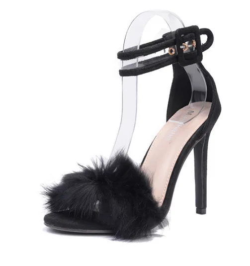

Carole Levy 2019 Newest Summer Woman Shoes Rabbit furry Black Gray Thin Heels Sandals For Party Wedding Sexy Adult Stilettos