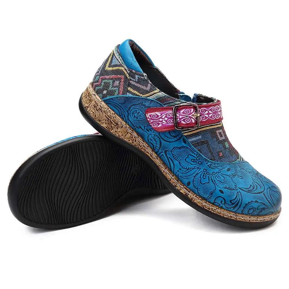 SOCOFY/Удобная Винтажная обувь на плоской подошве в стиле ретро из натуральной кожи на застежке-липучке с жаккардовым узором