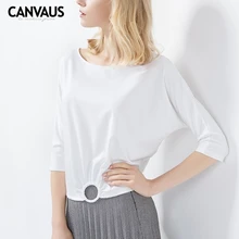 Весна-лето, новинка, футболка, однотонная, свободная, повседневная, круглый воротник, рукав три четверти, футболка, женские топы, Женская мода высокого качества