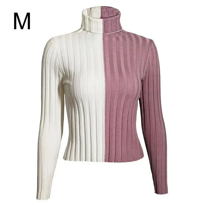 

Fashion Knitted Muti-Color Blocking Striped Sweaters Female High Collar Tight Fitting Long Sleeved Knitted Casual Sweater Tops