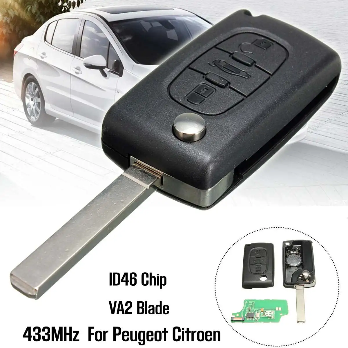 

3 Button 433MHz Car Remote Key ID46 Battery VA2 Transponder Chip Ignition Key For Peugeot 307 407 308 for Citrpen