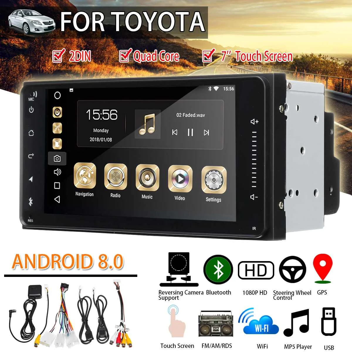 

Car Multimedia Player 7'' for Android 8 for Toyota Car Stereo 2DIN Blutooth WIFI GPS Nav Quad Core Radio Video MP5 Player