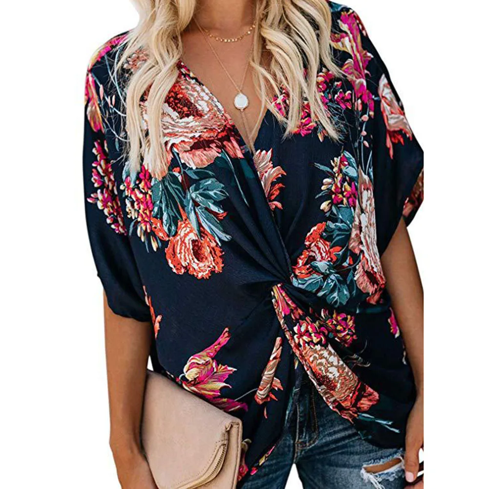 

Fashion Concise Bohemia Style Women's Floral Printed V Neck Ruched Twist Tops Short Sleeve Loose Casual Vacation Shirts