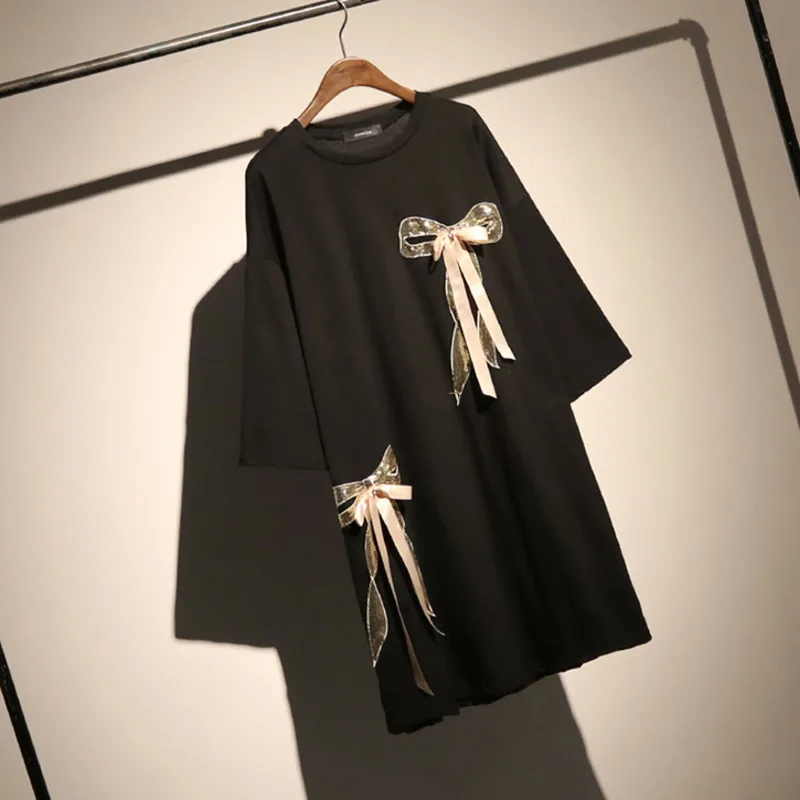 

LANMREM 2019 New Fashion O-neck Three Quarter Sleeve Patchwork Bow Woman T-shirt Women's Loose Big Size Tops SA103