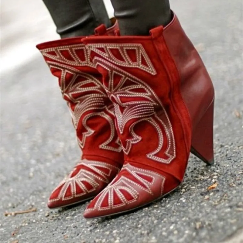 

Top Quality Leather Red Black Embroidery Spike High Heels Pointed Toe Women Shoes 2019 New Autumn Winter Western Women Boots