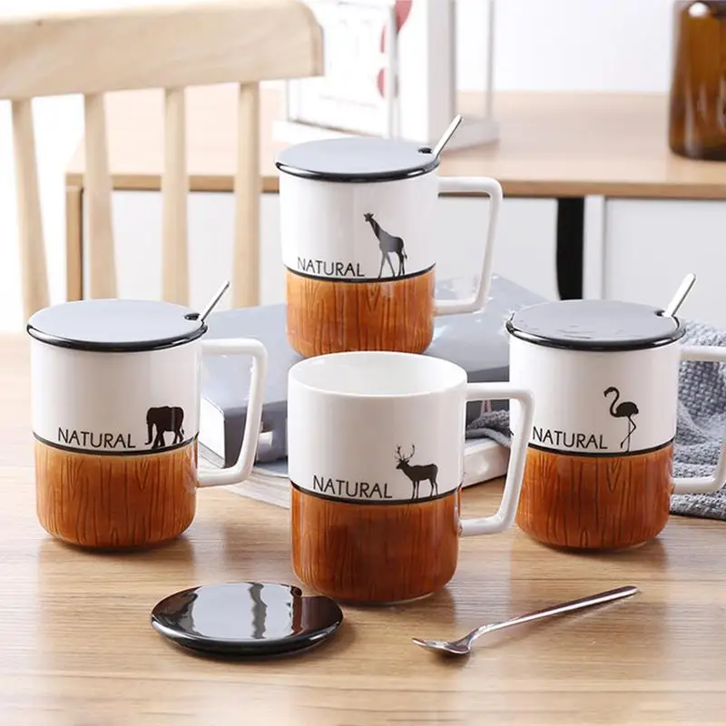 

300ML Creative Ceramic Mug With Spoon Lid Tea Milk Cup Nordic Style Coffee Mug Large Capacity Home Kitchen Drinkware