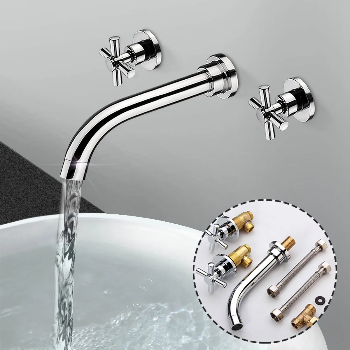 Solid Brass Double Handle Bathroom Bathtub Waterfall Tap Wall