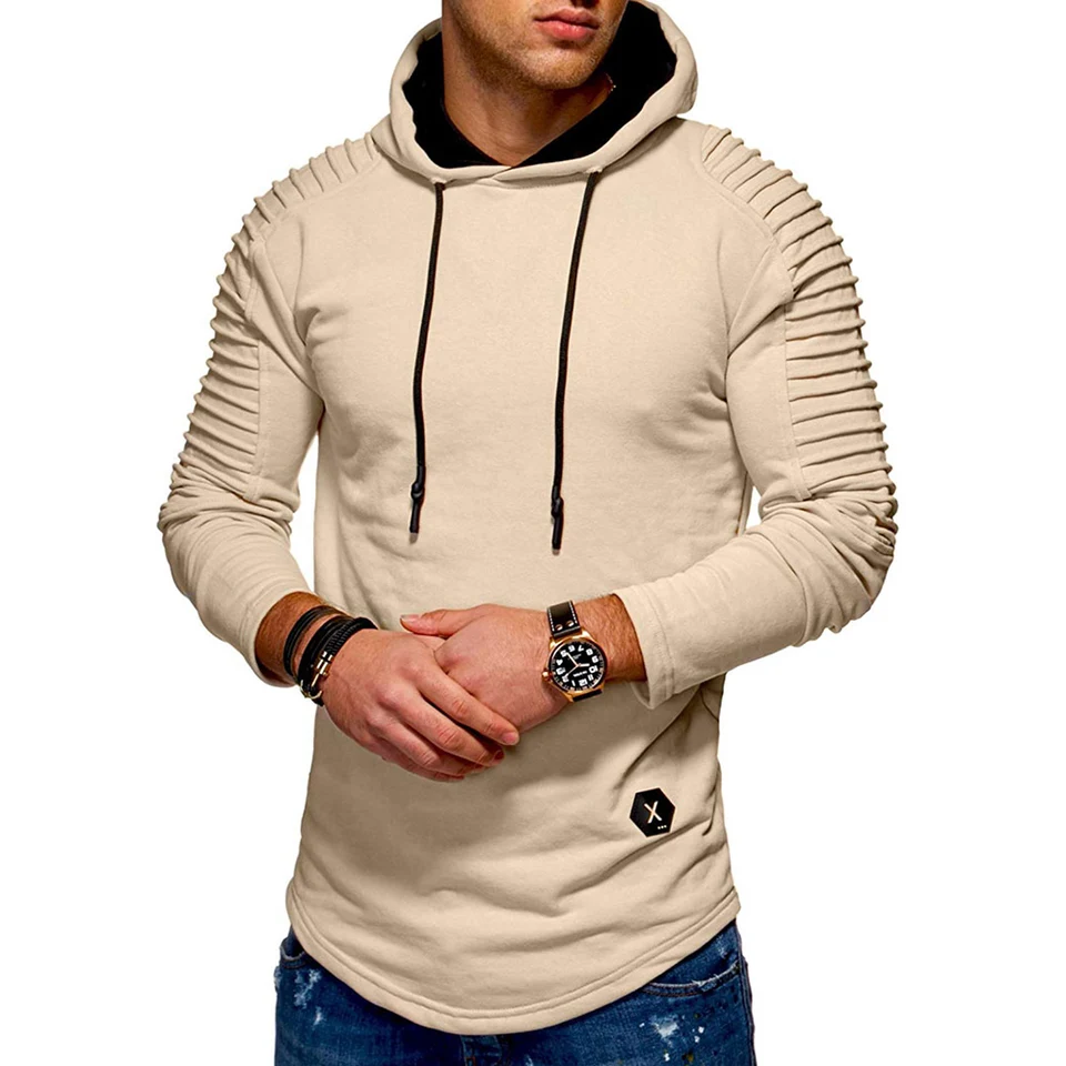 solid pleated sleeve hem curved long fleece hoodie