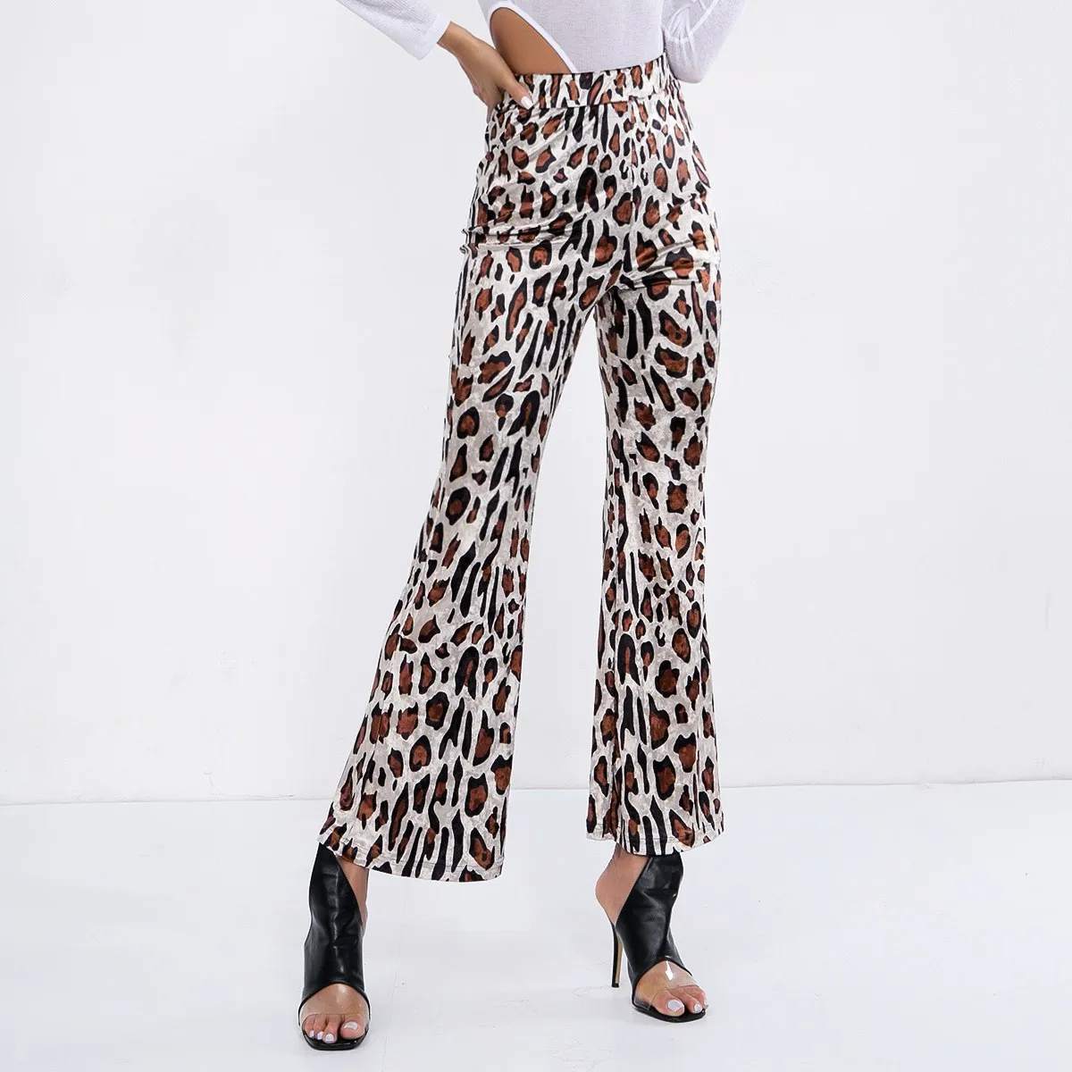 Осенние женские расклешенные брюки леопардовые расклешенные брюки повседневные красные брюки с высокой талией сексуальные уличные