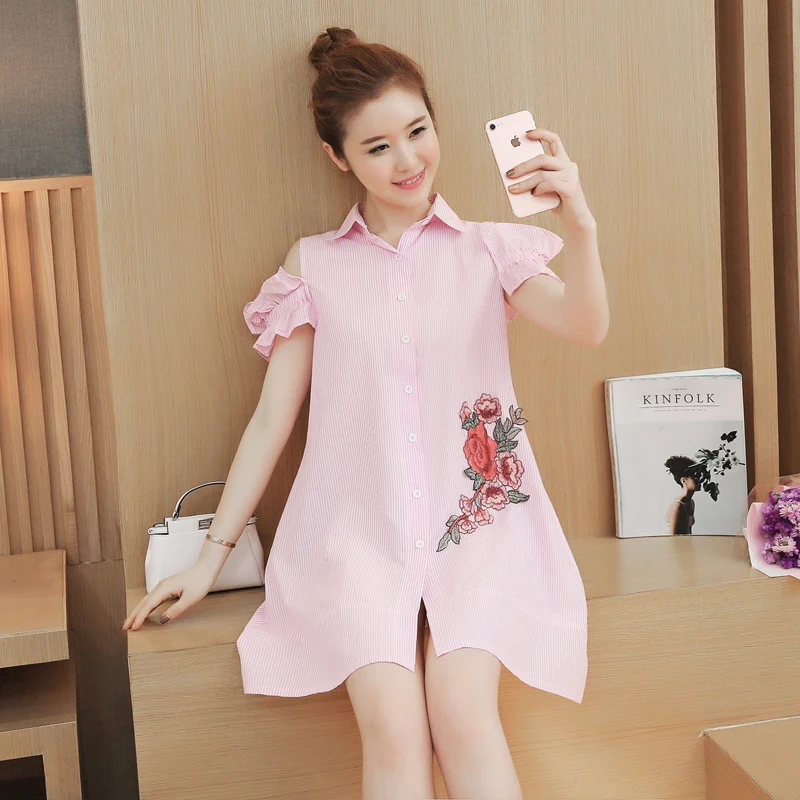

2019 summer off the shoulder stripe floral embroidery new fashion maternity dress turn-down collar pregnant women mini dresses