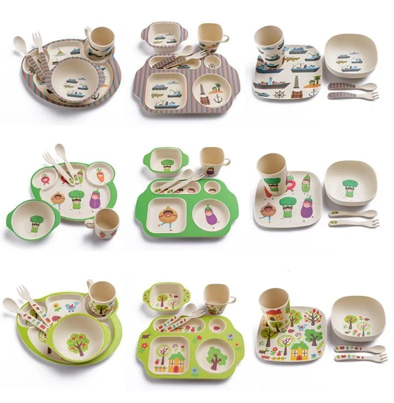 

5pcs/sets Cute Cartoon Bamboo Fiber Baby Tableware Dish Fork Feeding Dishes For Kids Bowl With Cup Spoon Plate Dinnerware