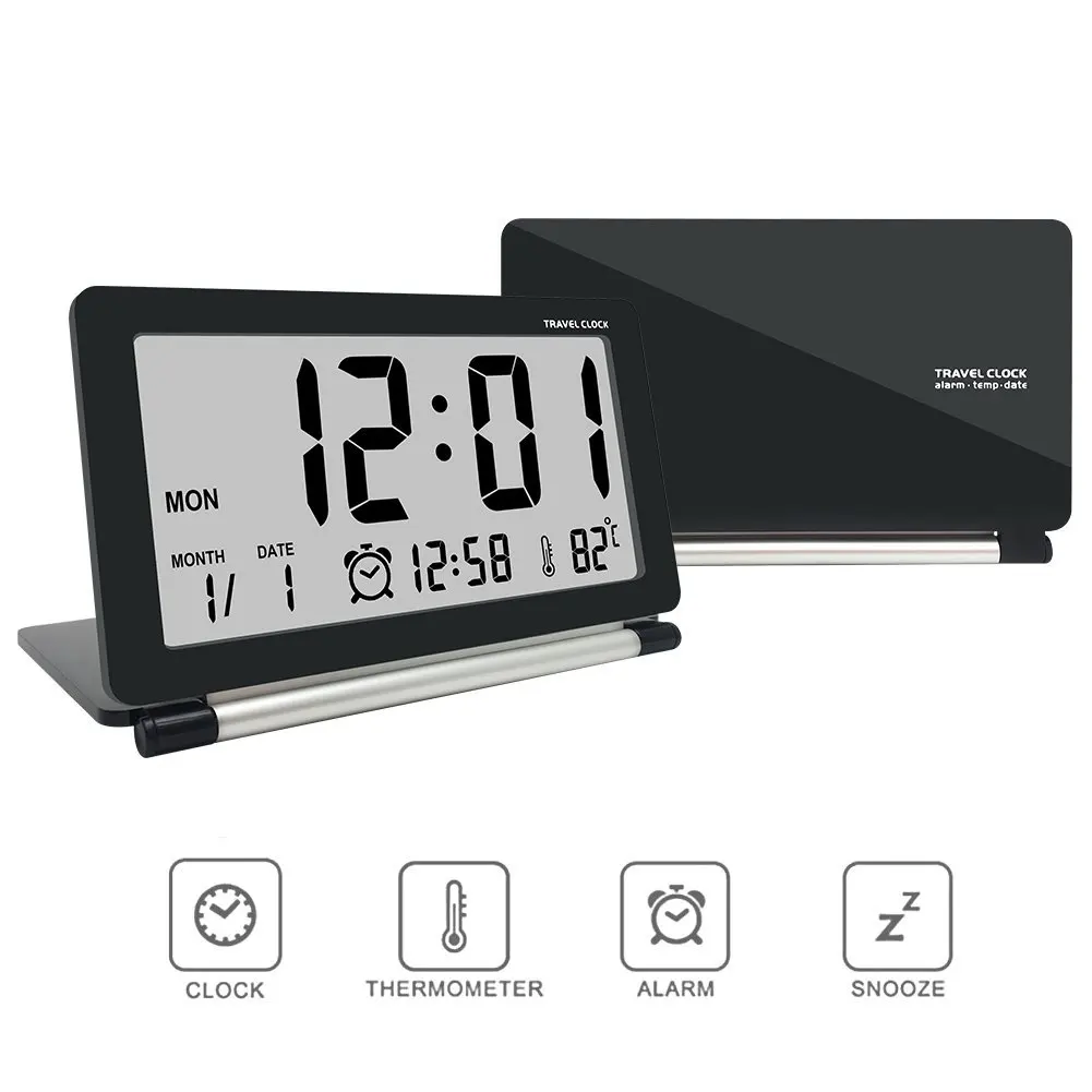  Hot Electronic Alarm Clock Travel Clock Multifunction Silent LCD Digital Large Screen Folding Desk 