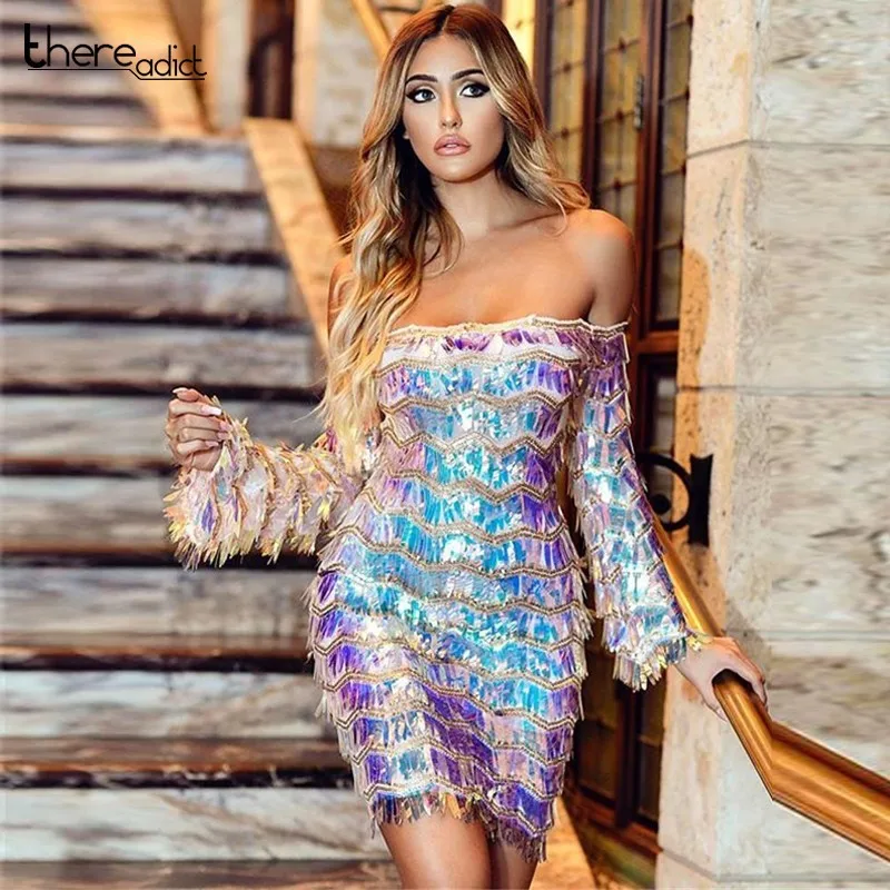 

Sequin Fringe Mini Dresses Long Sleeve Bodycon Birthday Dress Women Sexy Bodycon Birthday Dress Crystal Party Shining Vestid