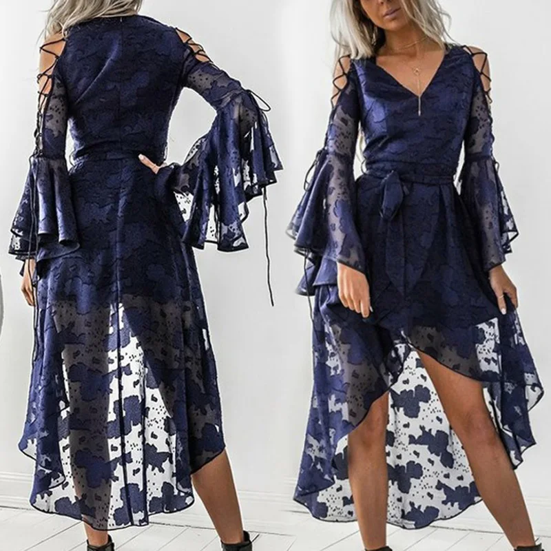 

Women Lace Up Strap Long Sleeve Sexy V-neck High-Low Wedding Evening Party Dress