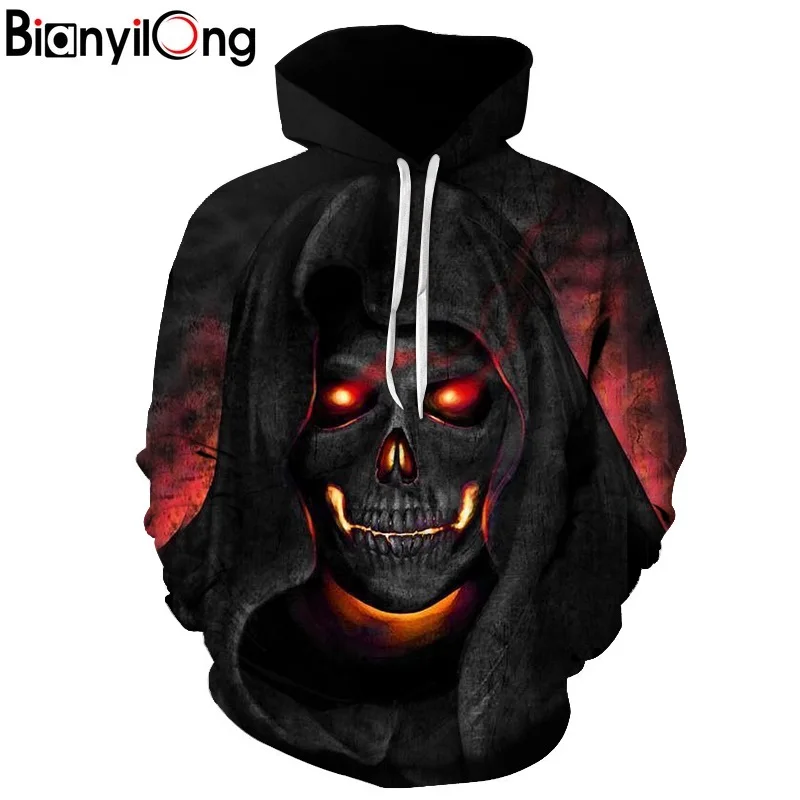 

2019 autumn new 3D printing red eye skull 3D creative printing hoodie personality fashion men and women hip hop hoodie