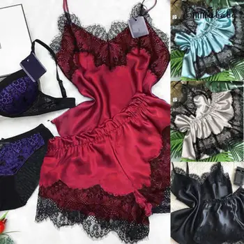 

2Pcs Women Stain Lace V Neck Sleepwear Nightwear Satin Crop Top+Shorts 2pcs Set Babydoll Lingerie Sexy Pajama Sets