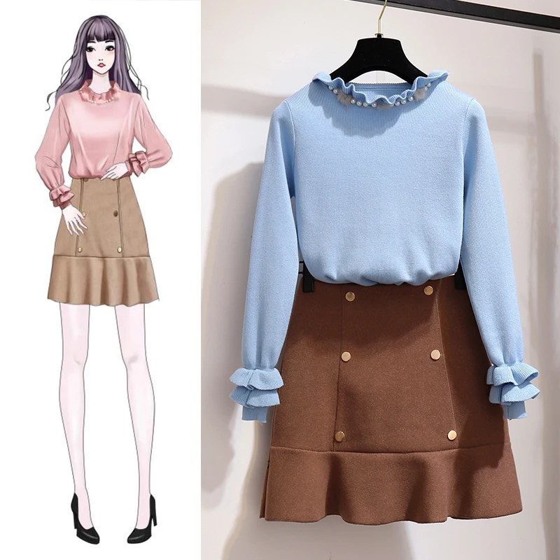 

knitting sweater women fish tail long sleeve nail bead joker top knitwear & woolen cloth skirts two-piece clothing set outfit