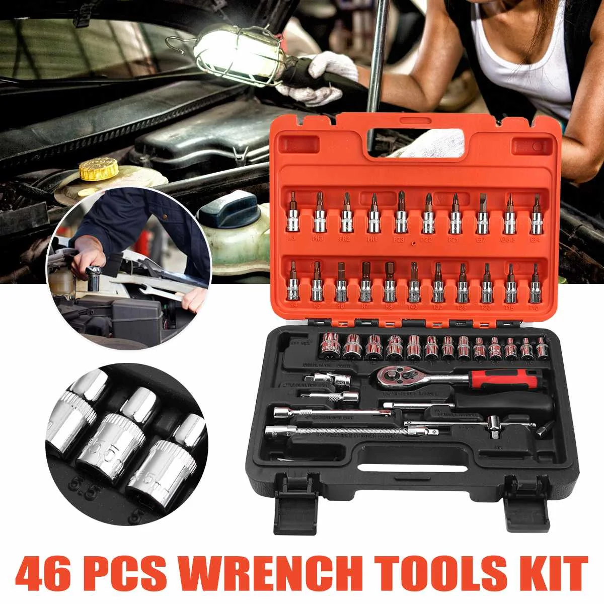 

46PC 1/4 Inch Tool Set Hand Tools for Car Repair Ratchet Spanner Wrench Socket Set Professional Car Repair Tool Kits