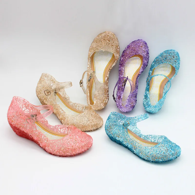 

2019 Summer New Girl Princess Shoe Cinderella Crystal Shoe Children High With Sandals Kids Soild Elastic Soft Lucency Shoes