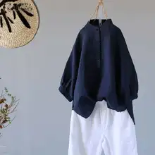 Letnia tunika topy 2021 ZANZEA kobiety bawełniana lniana bluzka stojak kołnierz w całości zapinana na guziki Blusas Femme Plus rozmiar koszula z rękawami typu lampion