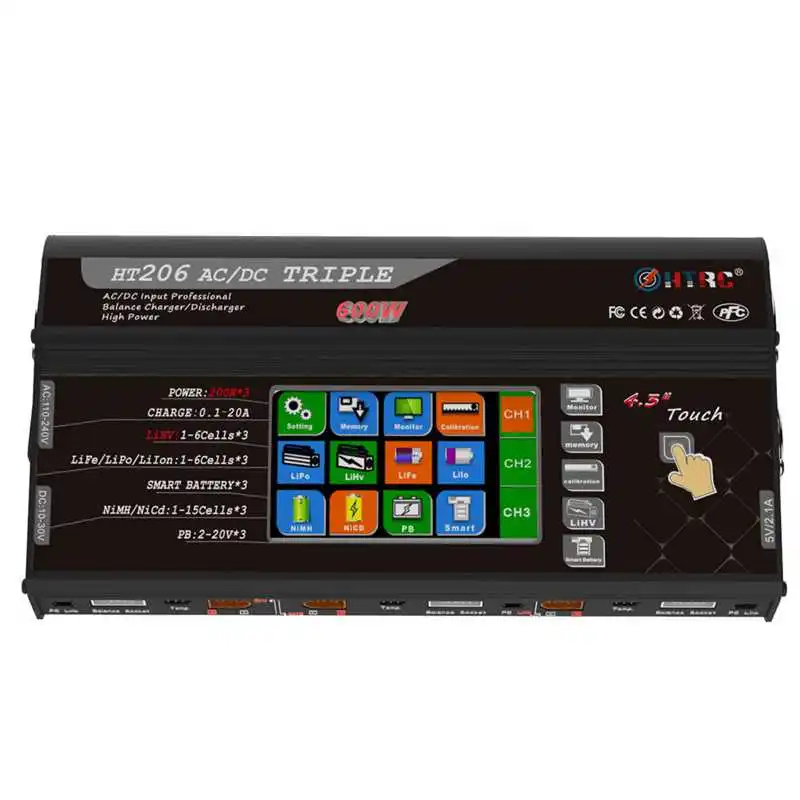 

High Power HTRC HT206 TRI AC/DC 3X200W 3X20A 4.3 Inch LCD Touches Screen Battery Balance Charger Discharger W/ Built-in Fan