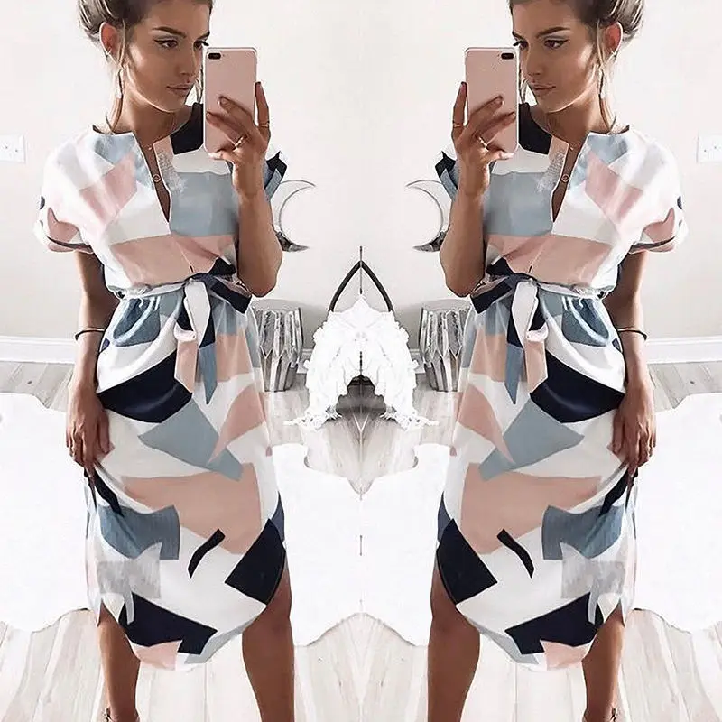 

Hot Women Summer Boho Style Midi Dress Evening Party Casual Dress Print Dresses
