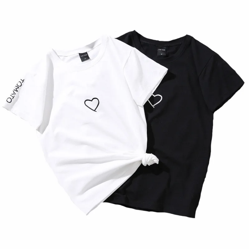 2019 Summer Couples Lovers T-Shirt For Women Casual White Tops Tshirt Women T Shirt Love Heart Embroidery Print T-Shirt Female