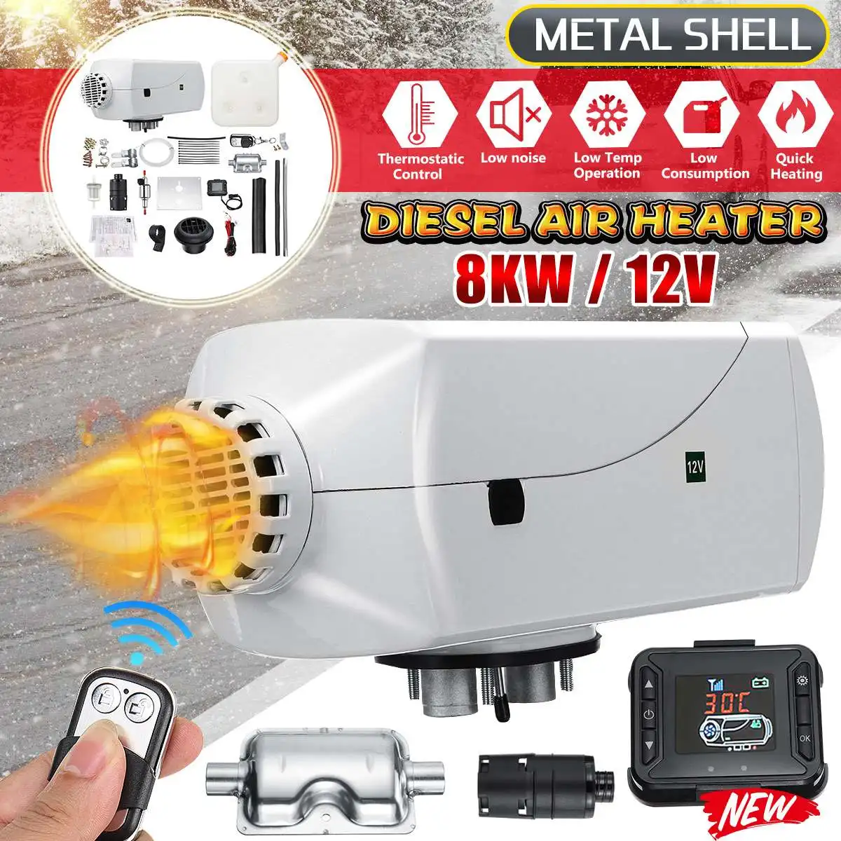 

Newest Car Heater 12V 8000W Diesels Air Heater Kit LCD Monitor White Car Parking Heater Heating For Bus Tuck Trailer Car Van RVs