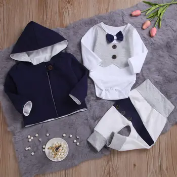 

0-24M Little Gentleman Kids Baby Boys Clothing winter Cotton Bowknot Romper Top Pants Hooded Coat Fashion formal Outfit Set