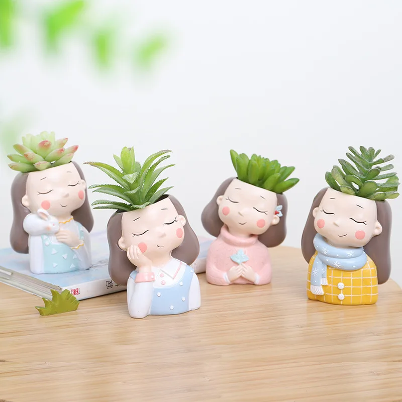 

1pcs Mini Plant Potted Cute Girl Flowerpot Office Home Decor Bonsai Plant Resin Flower Pot