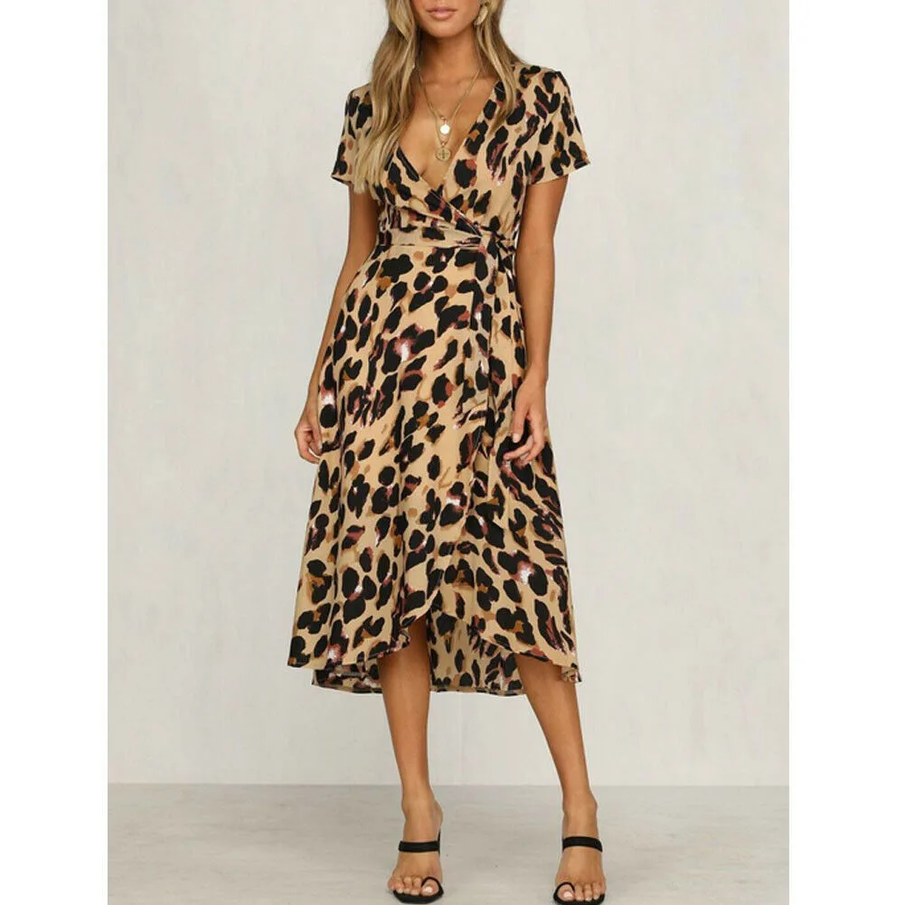 

Summer Women's Vintage Leopard Print Deep V Strap Long Dress Vacation Dating High Waist Short Sleeve Elegant Dress Sizes S-XL