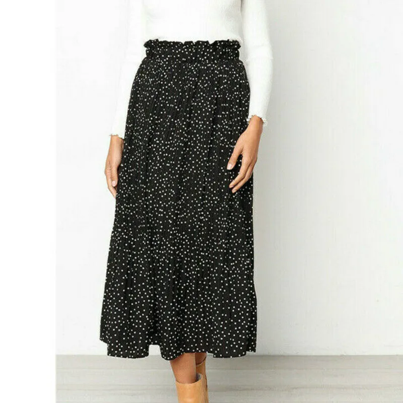 

Fashion Elastic Waist Pleated Skirt Casual Mid Waist Polka Dot Skirts Women 2019 Summer Long Going Out Skirt