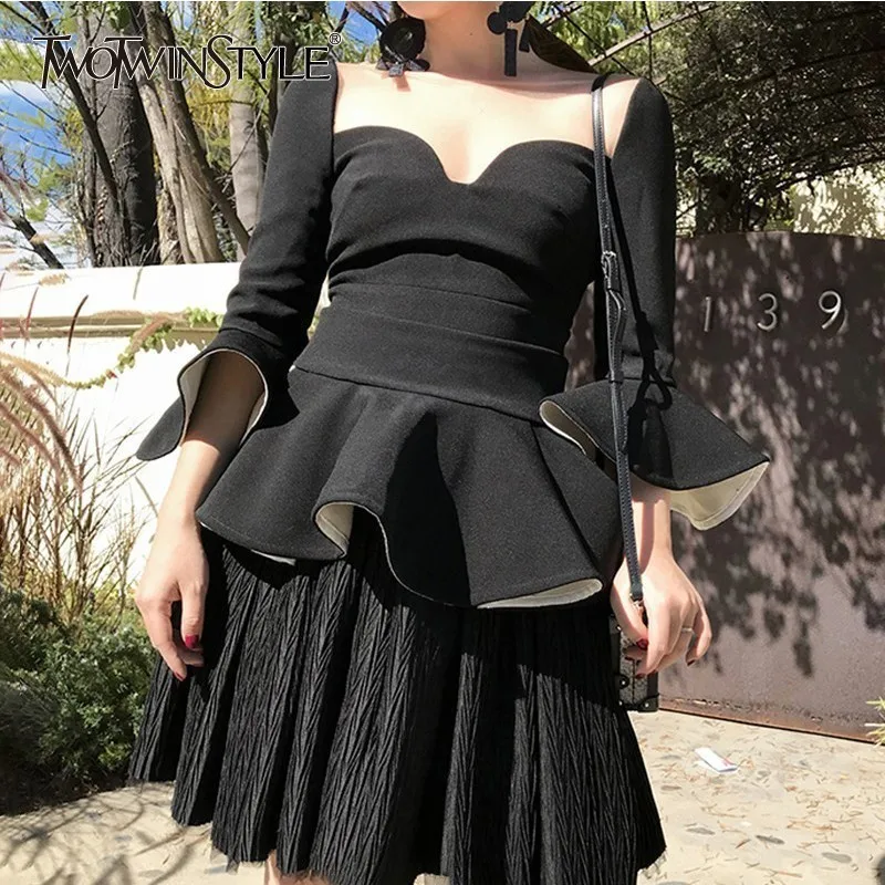 

TWOTWINSTYLE Patchwork Women's T-shirts Three Quarter Flare Sleeve Black Ruffle Tops Female Elegant Fashion 2019 Autumn New