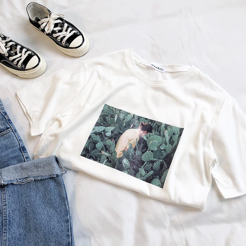 

Summer White T Shirt Short Sleeve Square Art Printed Loose Tee Shirt Tops