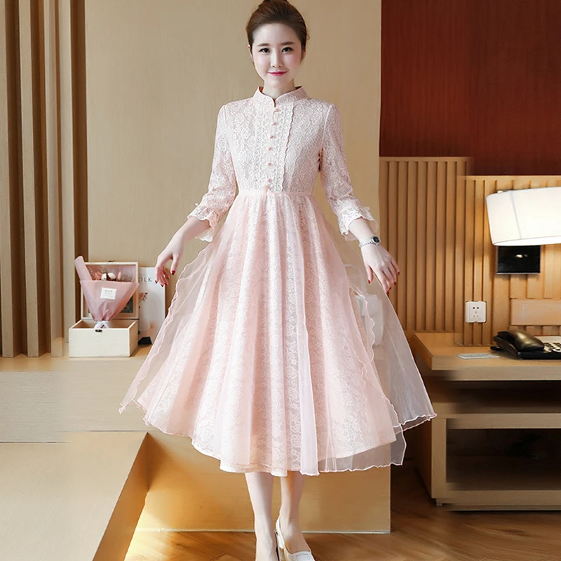 

Spring Women Elegant Lace Patchwork Stand Collar Dress Ladies 3/4 Sleeve Party Dress 2019 Fashion Female Knee-Length Dresses