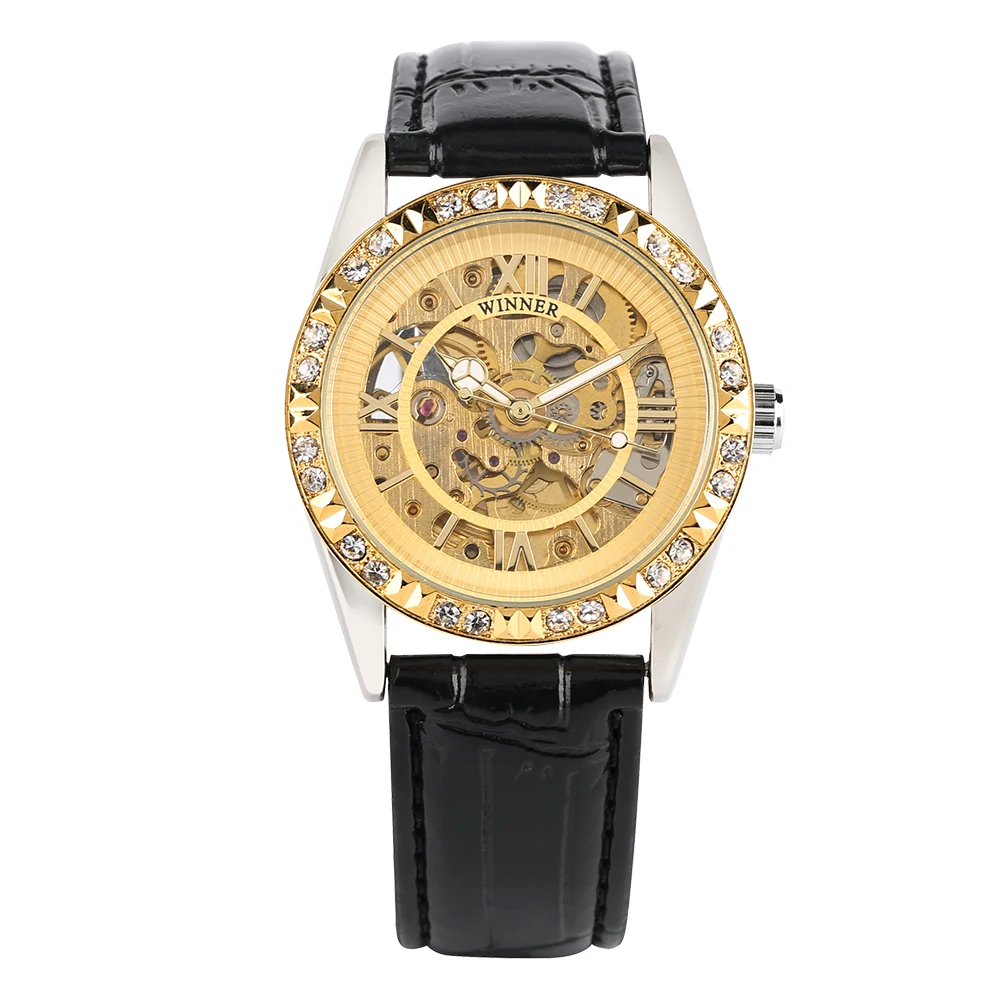 

Women's Skeleton Watch Mechanical Watch Automatic Self-Winding Luxury Golden Watch Diamonds Hollow-Out Carved Gold Case