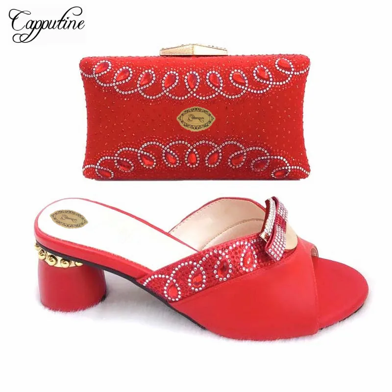 

7CM Slipper Red Color PU Leather Shoes And Bag Set Fashion Design Summer Middel Heels Shoes And Bag Set For Wedding TX-399
